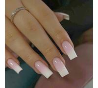Ombre French False Nails Long Square, SXVME French Press on Nails Medium Coffin, Gradient Pink Fake Nails Long, Elegant Ombre Pink Nail Press on for Women Daily Wear