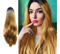 Ombre Golden Wigs for Women Dark Roots Long Brown Lace Front Synthetic Wig Heat Resistant Fiber Glueless Hair Costume Halloween Cosplay Anime Daily Use Full Wigs 24 Inches