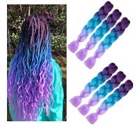 ombre purple braiding hair coloured braids Extensions For Braiding 6packs High Temperature Fiber Synthetic Braiding Hair For Crochet Boxtwist Braids (Purple-Blue-Purple)