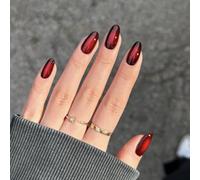 Ombre Red False Nails - 24PCS Almond Press on Nails - Black Wine Red Fake nails with Glue - Medium Stick on Nails - Glue on nails for Women - Long Lasting Full Cover Acrylic Nail Tips in 12 Sizes