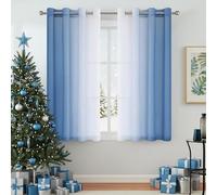 Ombre Sheer Curtains Blue 54 Inches Length for Bedroom Living Room, Chiffon Crinkle Semi Sheer Short Curtain Panels Light Filtering Not See Through for Laundry Room, Grommet Top, 52" W