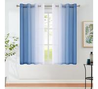 Ombre Sheer Curtains Blue 54 Inches Length for Bedroom Living Room, Chiffon Crinkle Semi Sheer Short Curtain Panels Light Filtering Not See Through for Laundry Room, Grommet Top, 52" W