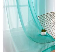 Ombre Sheer Curtains Teal 54 Inches Length for Bedroom Living Room, Chiffon Crinkle Semi Sheer Short Curtain Panels Light Filtering Not See Through for Laundry Room, Grommet Top, 52" W
