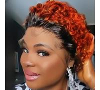 Ombre Wig Copper Short Bob Curly Water Wave Lace Front Human Hair Wig 33x1 Pixie Cut Wig for Black Women (1B/350#)