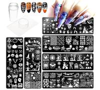 OMDBAGD Halloween Nail Stamper Kit 6 Pcs Nail Plates +1 Nail Stamper + 1 Nail Scraper Horror Skull Spider Ghost Bat Nail Art Design Template Nail Stencils Plates Nail Supplies Tools Nail 8pcs Set