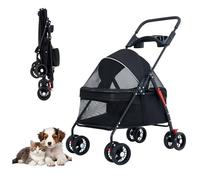 OMDOCA Pet Dog Cat Stroller with Foldable Dog Cat Cage Jogger Stroller with Storage Basket and Cup Holder,4 Wheels for Medium/Small Dogs and Cats, with Cup Holder (Black)