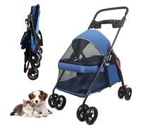 OMDOCA Pet Strolle Dog Cat Stroller with Foldable Dog Cat Cage Jogger Stroller with Storage Basket and Cup Holder,4 Wheels for Medium/Small Dogs and Cats, with Cup Holder (Blue)