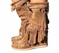 OMEARK Ladies Flat Tassel Ankle Boots, Vintage Round Toe Suede Western Mid-calf Boots, Winter Sliding Wide Calf Cowboy Knee Boots,Brown,39