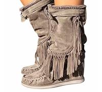 OMEARK Ladies Flat Tassel Ankle Boots, Vintage Round Toe Suede Western Mid-calf Boots, Winter Sliding Wide Calf Cowboy Knee Boots,Grey,37