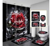 Omebero 4Pcs Romantic Red Rose Bathroom Shower Curtain Sets, Waterproof Fabric Floral Bathroom Sets with Shower Curtain and Rugs Toilet Lid Cover Bath Mat, Retro Flower Home Decor Sets