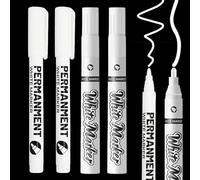 Omeblos Permanent Marker Pens, 4Pcs White Marker Pens, 1-2mm/5mm, Quick Drying Fabric Pen Permanent for Clothes, Stones, Rock Painting, Ceramic, Glass, Wood, Metal, Canvas, Tire Pen