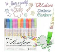 Omeblos Stocking Fillers, Glitter Pens, Outline Marker Pens, 12 Colors Double Line Metallic Markers Tip 2.0mm for Card Crafting, Double Line Markers for Scrapbooking Art Journaling & Christmas Gifts