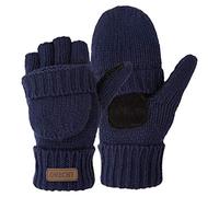 OMECHY Winter Knitted Fingerless Wool Gloves Thermal Insulation Warm Convertible Mittens Flap Cover for Men Women, Navy, One Size