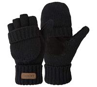OMECHY Winter Knitted Fingerless Wool Gloves Thermal Insulation Warm Convertible Mittens Flap Cover for Men Women, Black, One Size