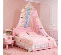 OMEELER Round Bed Canopy for Girls Hanging - Colorful Breathable Mosquito Nets with LED Light and Vine Butterfly Star Decorations - Fits Twin/Full Bed