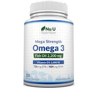 Omega 3 2200mg & Vitamin D3 2000IU - 250 Softgel Capsules - 726mg EPA & 484mg DHA per Serving - Alternative to Cod Liver Oil Capsules - High Strength, Wild Caught - Made in The UK - Nu U Nutrition
