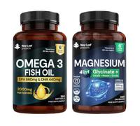 Omega 3 & Magnesium Glycinate 4-in-1 Complex Bundle - 2000mg Omega 3 660mg EPA & 440mg DHA + 2000mg Magnesium Bisglycinate,Citrate, Malate, Oxide with 449mg Elemental - UK Made by New Leaf