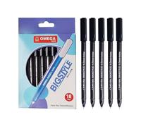OMEGA BigStyle Ballpoint Pens, BLACK, Medium Point (1.0 mm), Pack of 10, Multipack, Smooth Ball Pens, Ideal for School Office Home Everyday Use