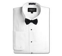 OmegaTux Mens Wing Collar Tuxedo Shirt, 1/4" Pleat & Convertible Cuffs - White -