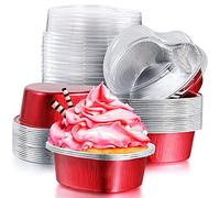 OmeHoin 50Pcs Cupcake Cases with Lids Aluminum Foil Reusable Heart Shaped Baking Cups 100ml Cake Pan for Valentines Wedding Christmas Birthday Party Red