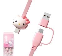 OMEIU Cute Kitty Cartoon Charging Cable - Pink 2-in-1 Multi-Connector USB-C to USB-C/-C to C 3A USB Cable for Fast Charging, 1m Transfer Cable, USB-A Adaptor Included, Fast Charger Compatible (Cat)