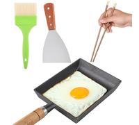 Omelette Cast Pan Kit, Tamagoyaki Pan Cast Iron Maker, Rectangular Nonstick Skillet with Wooden Handle, Includes Stainless Steel Spatula, Cooking Brush, Deluxe Wooden Chopsticks