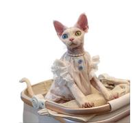 OMEM Blue White Striped Cat Shirt for Sphynx Devon Rex, Lace Ruffle Sleeves with Pink Button, Breathable Cotton Summer Top for Hairless Cats, S to XXXL (XXXL-,Pink)