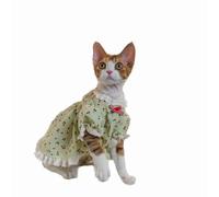 OMEM Cherry Print Cat Dress for Sphynx Devon Rex, Lace Ruffle Hem with Red Plaid Bow, Puff Sleeve Summer Fairy Outfit for Hairless Cats, S to XXXL (XXXL+,Green)