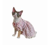OMEM Cherry Print Cat Dress for Sphynx Devon Rex, Lace Ruffle Hem with Red Plaid Bow, Puff Sleeve Summer Fairy Outfit for Hairless Cats, S to XXXL (XXXL+,Pink)