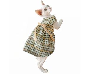 OMEM Houndstooth Cat Dress with Bow, Soft Cotton Lined Cat Clothes for Sphynx Hairless Cats, Elegant Winter Outfit for Small to Large Cats M to XXXL (L+)