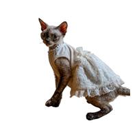OMEM Lace Cat Dress for Sphynx Devon Rex, Beige Ruffle Hem with Pearl Bow, Sleeveless Summer Outfit for Hairless Cats, Cute Party Apparel S to XXXL (M-)