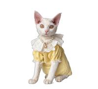OMEM Lace Cat Shirt for Sphynx Devon Rex, Peter Pan Collar with Puff Sleeves, 2 Colors Yellow Purple, Breathable Summer Top for Hairless Cats, S to XXXL (XL+,Yellow)