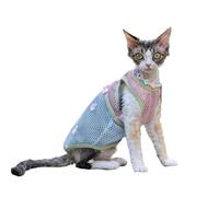 OMEM Mesh Cat Tank Top for Sphynx Devon Rex, Pastel Color Block with Strawberry Bow, Cooling Breathable Summer Outfit for Hairless Cats, UV Protection, S to XXXL (Pink,S+)