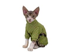 OMEM Polka Dot Cat T Shirt for Sphynx Devon Rex, 12 Colors Cotton Long Sleeve Turtleneck, Basic Fall Winter Outfit for Hairless Cats, Warm Everyday Top XS to XXXL (XXL+,Glass Green)