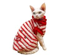 OMEM Red White Striped Cat Hat and Tank Top Set, Soft Fleece Cat Clothes for Sphynx Devon Rex Munchkin, Cute Warm Outfit with Strawberry Heart XS to XXXL (L-)