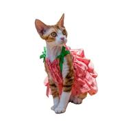 OMEM Strawberry Pink Floral Cat Dress for Sphynx Devon Rex, Layered Ruffle Hem with Bow Straps, Breathable Cotton Summer Outfit for Hairless Cats, S to XXXL (M-,Red)