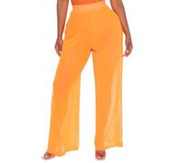 omen's See Through Mesh Pants High Waist Wide Leg Trousers Cover up Sheer Beach Pants Bikini Bottoms Swimsuit Sexy Transparent Flared Trousers for Party Rave Performance Costume Orange