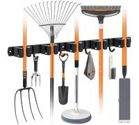 OMerima Broom Holder Wall Mounted, Stainless Steel Brush Holder - 5 Holders + 4 Hooks, Drill - Free Mop Holder Wall Mounted, Black Wall Broom Clips for Wall (1 Pieces)