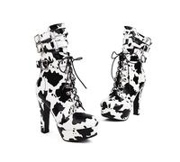 Omeslike High Heel Boots for Women,Womens Platform Boot Heels Sexy Round Toe Lace UP High Heels Mid Calf Boots,Cow Pattern,41