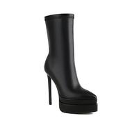 Omeslike Women Stretch Leather Pointed Toe Platform Ankle Boots, Fashion Fall Winter Side Zipper Short Bootie, 6 Inch Stiletto High Heel,Black,37