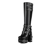 Omeslike Women's 6 Inch Block Heel Knee High Boots - Platform Mid-Calf Boots for Costume Party, Night Club, and Daily Fashion,Black,6.5 UK