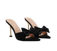 Omeslike Women's 9CM Stiletto Heel Pointed-Toe Sandals - Sexy Metallic Heel Bow Slide Sandals for Weddings/Parties/Date Nights,Black,3 UK