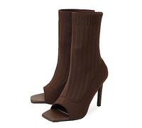 Omeslike Women's Ankle Booties,Sexy Peep Toe Stiletto Mid Heel Knit Sock Boots Shoes,Fall Winter Booties,Brown,36