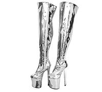 Omeslike Women's Bling Bling Gold Platform Side Zipper Over the Knee High Boots,8 Inches Heels Nightclub Plus Size Boots,Pole Dancing Role Play Shoes,Silver,37