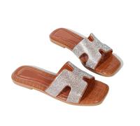 Omeslike Women's Casual Boho Flat Sandals Narrow Feet - Sparkly Flat Slides for Walking, Work & Vacation | Breathable Beach Sandals,Brown,7 UK