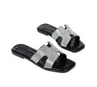 Omeslike Women's Casual Boho Flat Sandals Narrow Feet - Sparkly Flat Slides for Walking, Work & Vacation | Breathable Beach Sandals,Black,3 UK