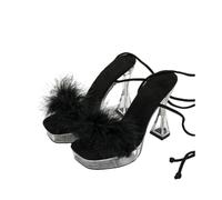 Omeslike Women's Crisscross Strappy Transparent Chunky Block Heel Sandals - for Dating, Vacation, Club Night, Wedding Events,Black,8 UK