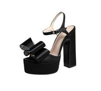 Omeslike Women's Cute Bow Round Toe Light Pink Heels - 15cm Block Heel Platform Ankle Strap Sandals for Ballroom Dancing & Evening,Black,8 UK