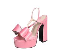 Omeslike Women's Cute Bow Round Toe Light Pink Heels - 15cm Block Heel Platform Ankle Strap Sandals for Ballroom Dancing & Evening,Pink,4 UK