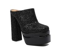 Omeslike Women's Gold Glitter Closed Toe Platform Heeled Mules - 15cm Block Heel Slide Sandals for Show Party Nightclub,Black,6 UK